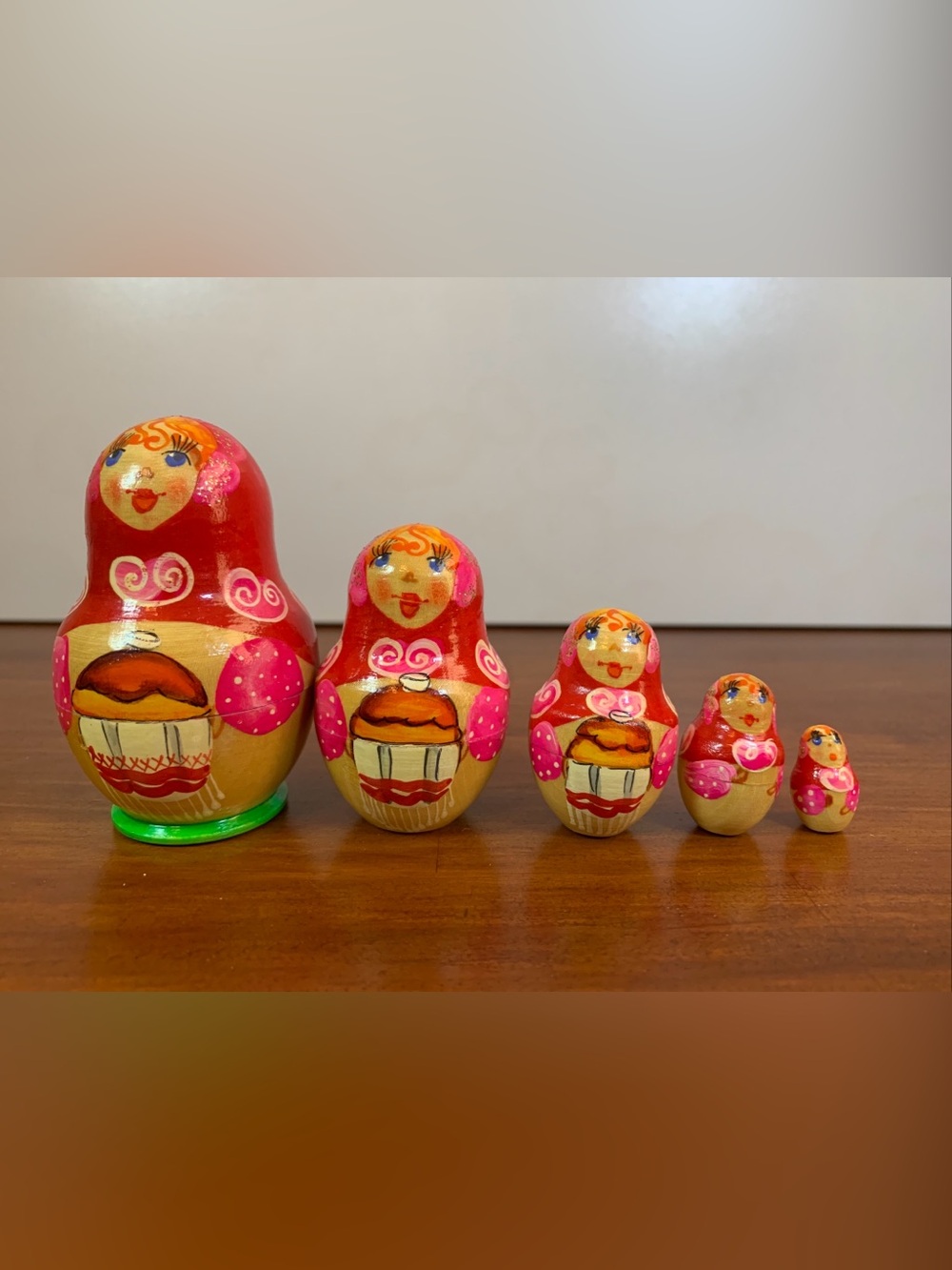 Vintage Signed Russian Nesting Dolls 5 Piece Set 3” Size Girl Baking Bread